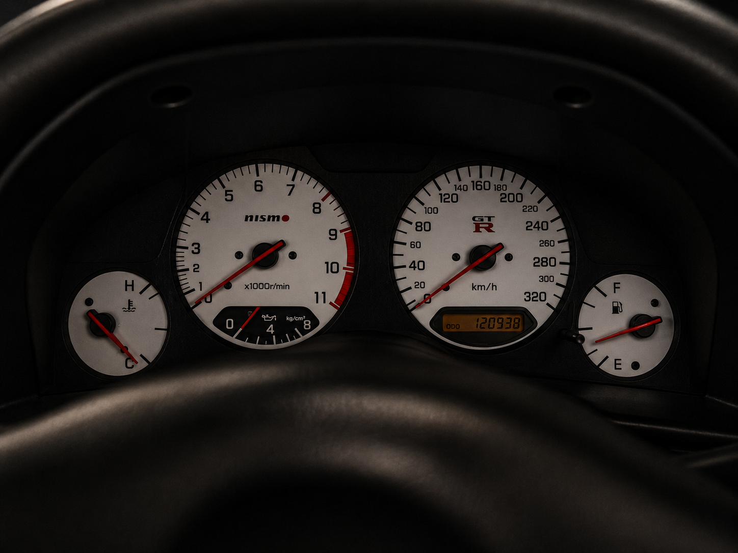 White Nismo instrument cluster in a Nissan Skyline GT-R R34